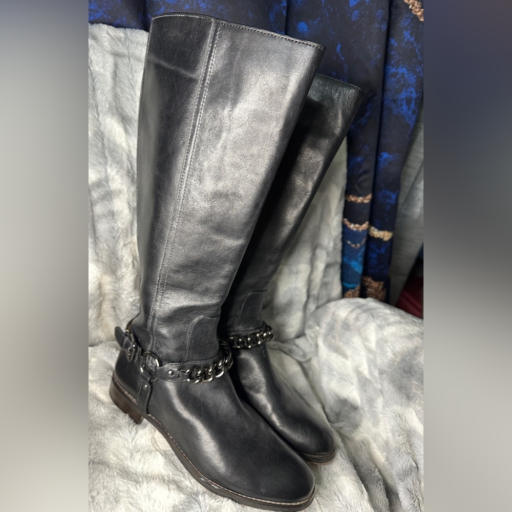 ‘Coach’ Black Mabel Leather Chain Buckle Knee High Riding Boots - Size 6B